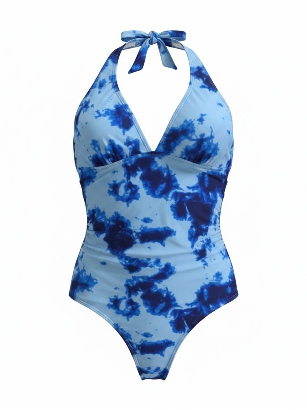 Blue Tie-Dye Halter One-Piece Swimsuit Plunge Neck Tummy Control Beach & Resort